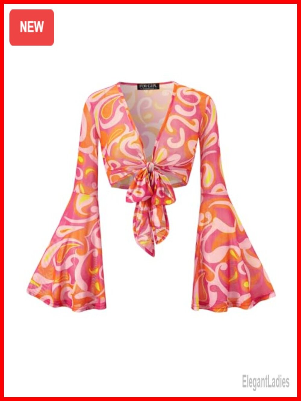 Women Floral Mesh Bell Sleeve Tie Front Crop Top Sheer Blouse